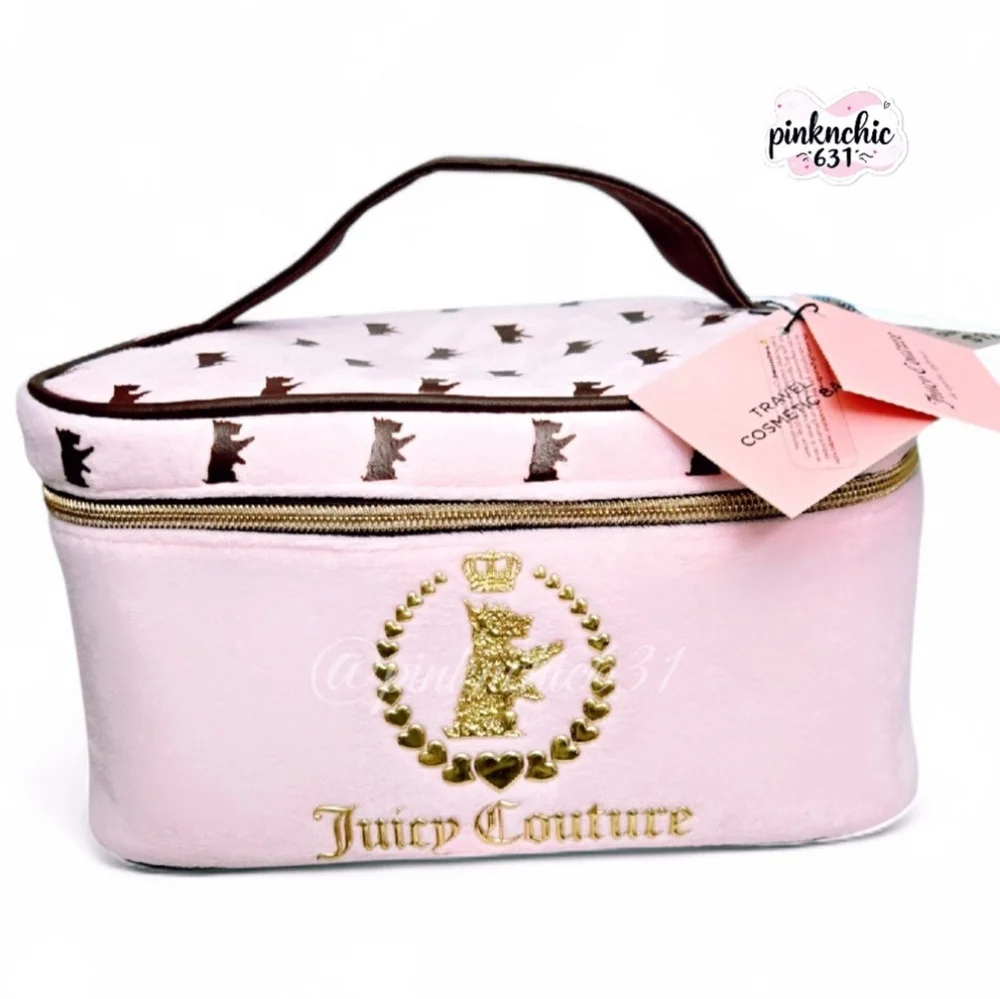 Juicy Couture Makeup Bag Cosmetic Case Scottie Dogs Pink Gold Foil Logo Charms